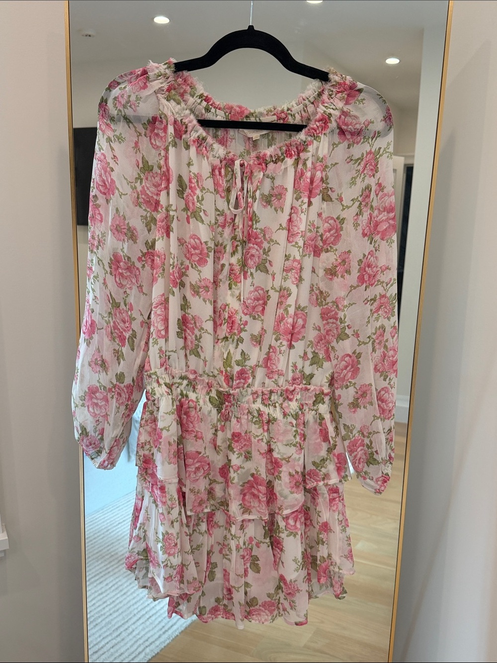 LoveShackFancy Floral Ruffled Mini Dress in Pink and Green on White